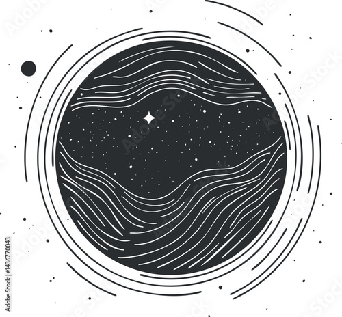 Abstract black and white illustration of a planet surrounded by stars and swirling lines representing cosmic space