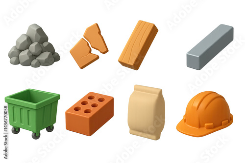 Obraz na płótnie Construction tools and materials icon set – 3d style building, engineering, and infrastructure symbols: bricks, cement, hard hat, timber, steel beam, debris, dumpster. w salonie