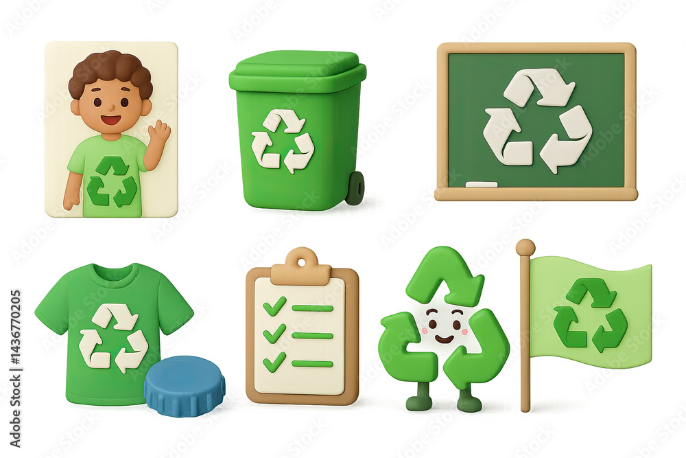 Eco-friendly recycling icon set – 3d style environment, sustainability, and green living symbols: recycle bin, eco t-shirt, checklist, recycling mascot, flag, chalkboard.