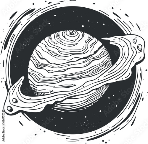 Black and white illustration of a planet with swirling rings in outer space surrounded by stars and cosmic elements.