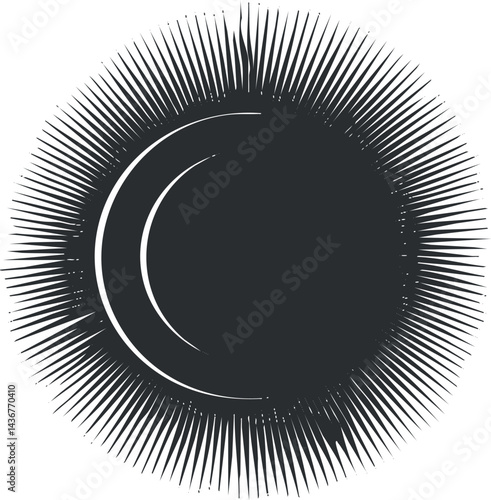 Abstract black and white illustration of a solar eclipse with radiant sunburst rays surrounding the dark moon