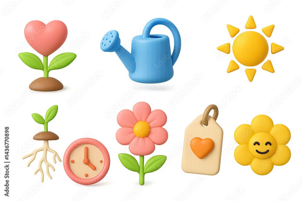 Gardening and nature 3d icons set – delightful garden tools, plants, and flower symbols for botanical projects: watering can, sun, flower, plant, roots, clock, tag