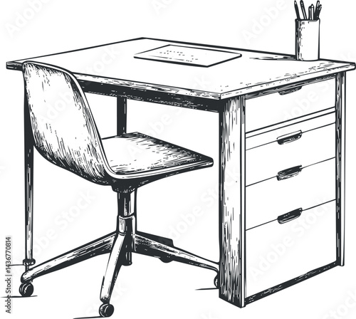 Black and white hand-drawn illustration of an office desk with a swivel chair and drawers, showing a workspace setup with stationery on top.