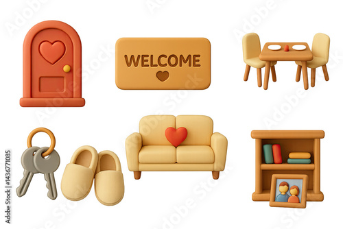 Home sweet home 3d icons set – cozy interior, domestic lifestyle, and welcoming symbols for comfortable living: door, welcome sign, table, couch, keys, slippers, bookshelf