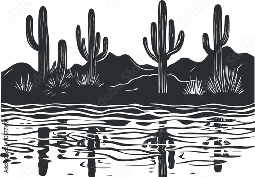 Black and white illustration of desert landscape with cactus plants and mountain reflections in water