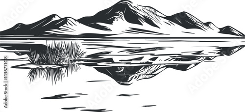 Black and white illustration of a mountain landscape with a lake reflecting the scenery including vegetation and hills.