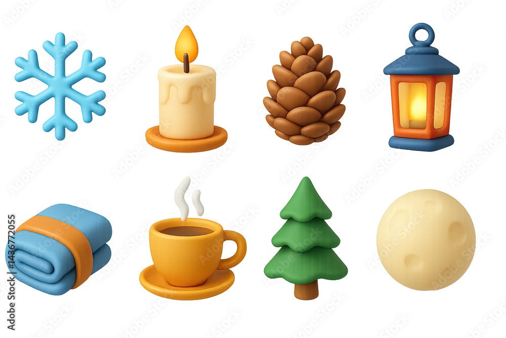 Winter and holiday 3d icons set – festive, cozy, and seasonal designs for celebration: snowflake, candle, pinecone, lantern, blanket, hot drink, tree, moon.