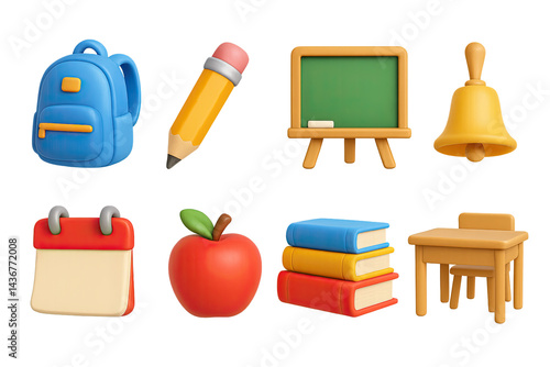 Obraz na płótnie Education and learning icon set - 3d style academic, school, and classroom symbols for educational resources: backpack, pencil, chalkboard, bell, calendar, apple, books, desk. w salonie
