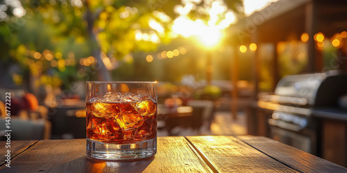 Relaxing outdoor BBQ atmosphere with bourbon cocktail during sunset gathering with friends