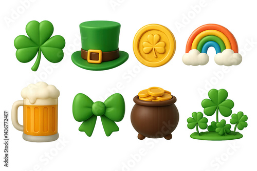 St. patrick's day 3d icons set – festive holiday symbols and celebration elements in vibrant style: shamrock, leprechaun hat, gold coin, rainbow, beer mug, pot of gold.