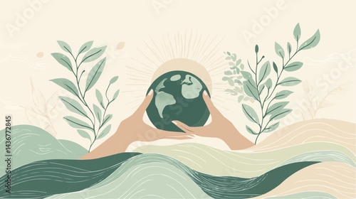 Horizontal vector banner with abstract hands holding earth, waves, and leaves. Soft pastel tones. Perfect for eco branding, websites, sustainable campaigns, and environmental marketing