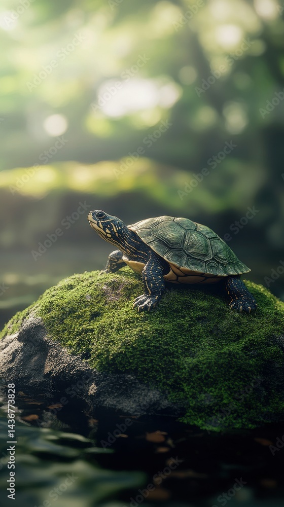 Obraz premium A vibrant turtle perches on a mossy rock in a serene, sunlit environment, showcasing nature's beauty.
