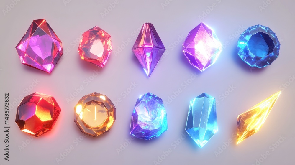 Fototapeta premium Ten glowing crystals on plain surface for game design or treasure hoarding concept