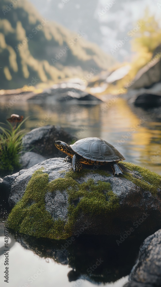 Fototapeta premium A serene turtle basking on a moss-covered rock by a tranquil river in a lush natural setting.