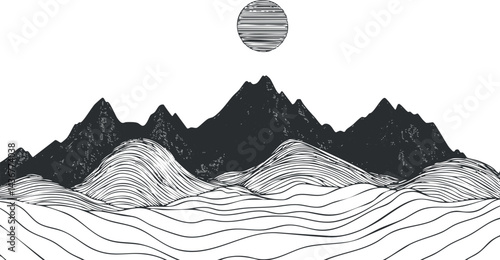 Abstract black and white line art of mountainous landscape with wavy hills and a textured sun above.