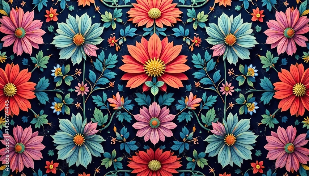 Intricate floral textile design, repeating motif , design element, graphic