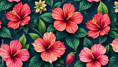 Bold hibiscus blooms, lush green leaves, stylized floral repeat , floral, tropical, leaf
