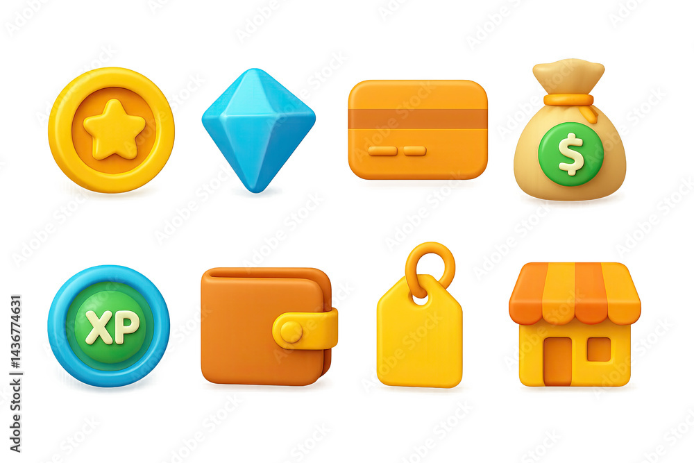 Finance and shopping 3d icons set – vibrant style e-commerce, banking, and money management symbols: coin, diamond, credit card, money bag, wallet, tag, store.
