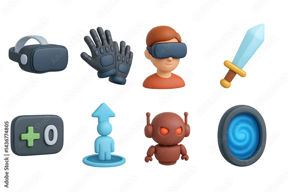 Virtual reality 3d icons set – immersive gaming, technology, and futuristic symbols for user interfaces: vr headset, gloves, avatar, sword, health boost, robot, portal.