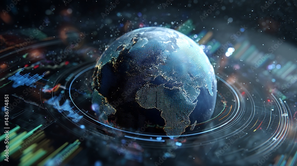 Obraz premium A digital representation of the earth surrounded by data visuals and graphs in a futuristic financial setting at night