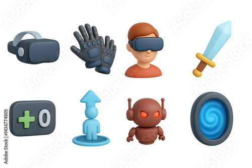 Obraz na płótnie Virtual reality 3d icons set – immersive gaming, technology, and futuristic symbols for user interfaces: vr headset, gloves, avatar, sword, health boost, robot, portal. w salonie