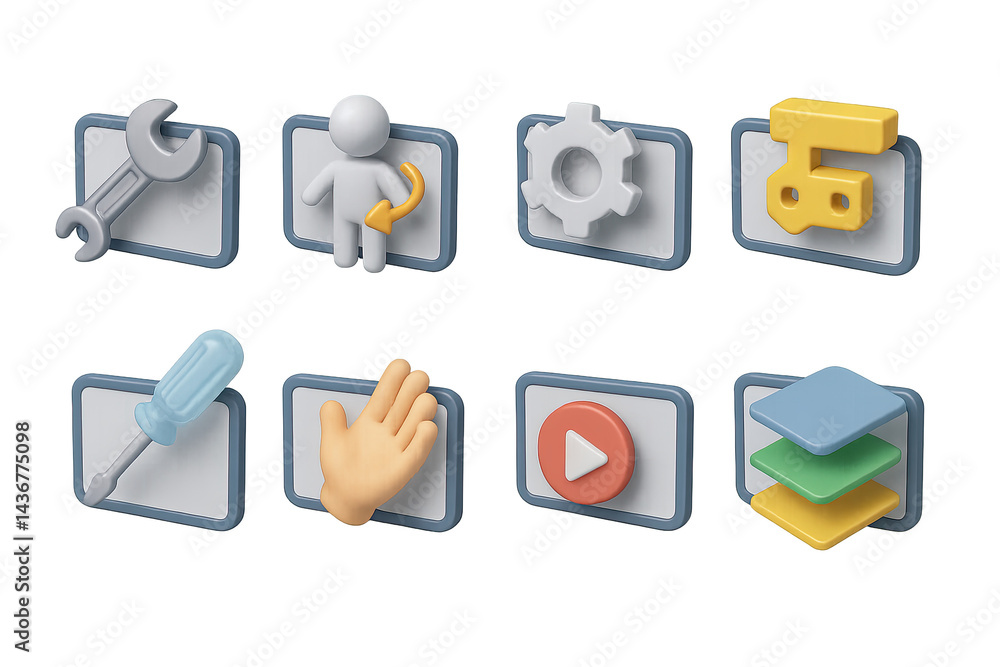 3d maintenance and settings icons set - isometric technical tools and preferences symbols for app development: wrench, user, gear, camera, screwdriver, hand, play, layers.