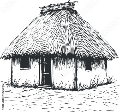 Black and white sketch of a traditional thatched roof hut with wooden door and small windows
