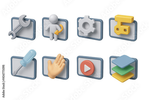Obraz na płótnie 3d maintenance and settings icons set - isometric technical tools and preferences symbols for app development: wrench, user, gear, camera, screwdriver, hand, play, layers. w salonie