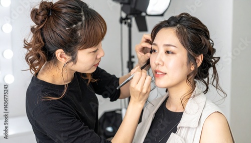 ヘアメイクの準備をするメイクさんとモデル