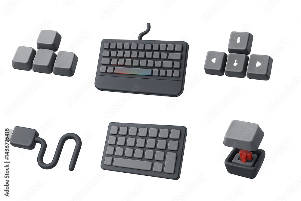 Computer keyboard 3d icons set – flat style technology, digital communication, typing symbols: mechanical key, usb cable, arrow key, rgb keyboard, keycap, switch, gaming
