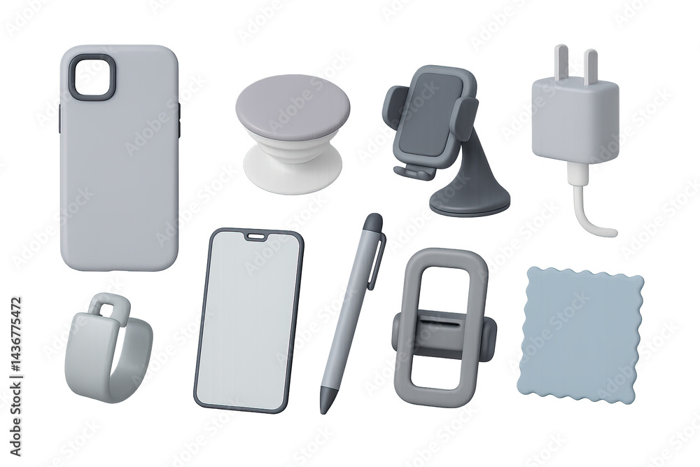 Mobile accessories 3d icons set – isometric style smartphone gadgets, device holders, and chargers: phone case, pop socket, car mount, charger, stylus, cable, cleaning cloth