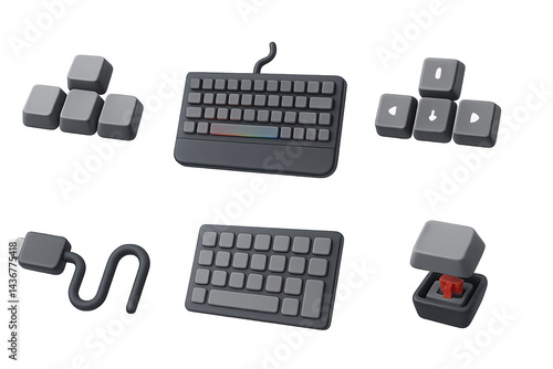 Obraz na płótnie Computer keyboard 3d icons set – flat style technology, digital communication, typing symbols: mechanical key, usb cable, arrow key, rgb keyboard, keycap, switch, gaming w salonie