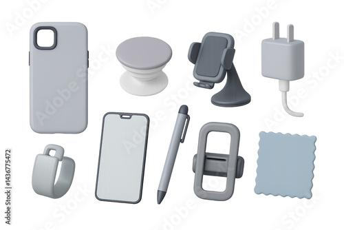 Obraz na płótnie Mobile accessories 3d icons set – isometric style smartphone gadgets, device holders, and chargers: phone case, pop socket, car mount, charger, stylus, cable, cleaning cloth w salonie