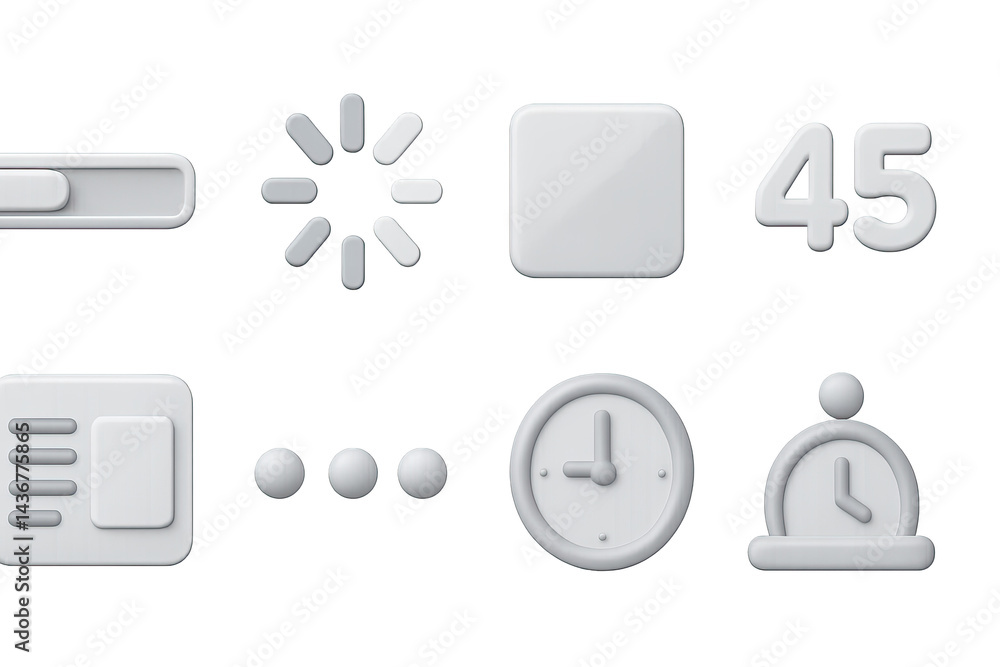 Digital interface 3d icons set – modern style technology, user interface, and ux design symbols: loading, button, clock, timer, notifications, progress bar, menu.