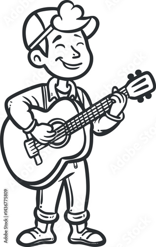 Black and white cartoon illustration of a smiling boy playing an acoustic guitar, standing and enjoying music.