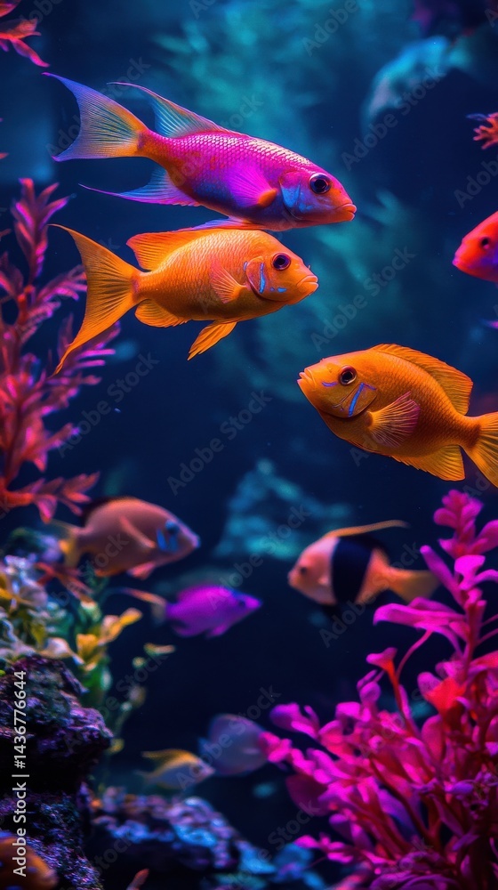 Fototapeta premium Vibrant underwater scene featuring colorful fish in a lush aquarium garden.