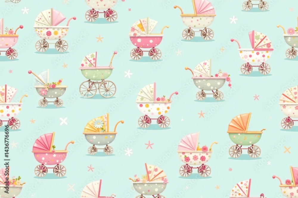 Cute whimsical stroller pattern, pastel colors, wheels, digital, design element Cute whimsical stroller pattern, pastel colors, wheels, digital, design element