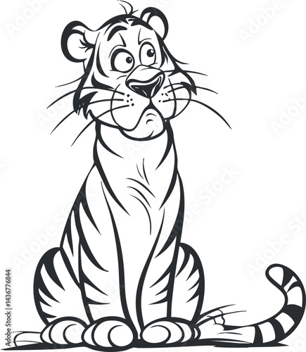 Black and white cartoon illustration of a cute sitting tiger with expressive face and stripes