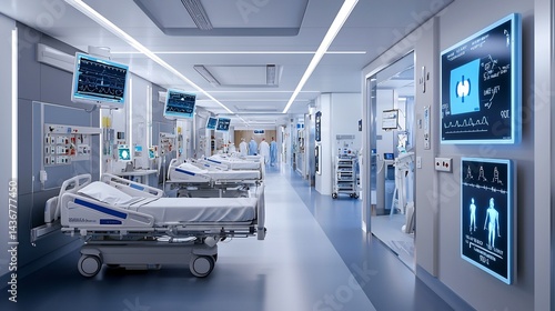 A long hospital corridor with beds and medical equipment in a modern and sterile environment setting