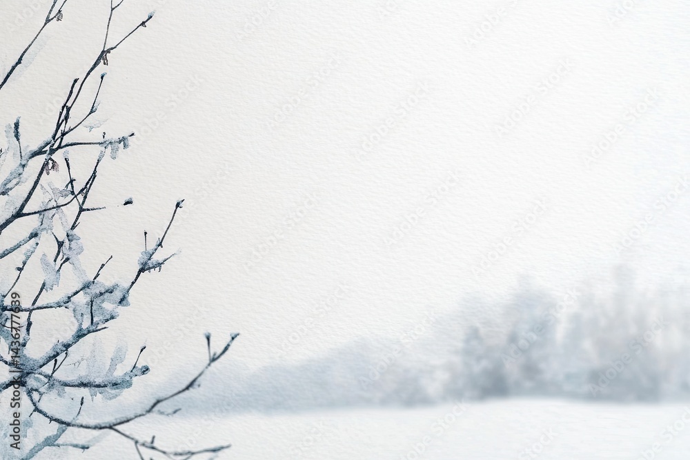 Snowy winter branches against a soft white landscape Snowy winter branches against a soft white landscape