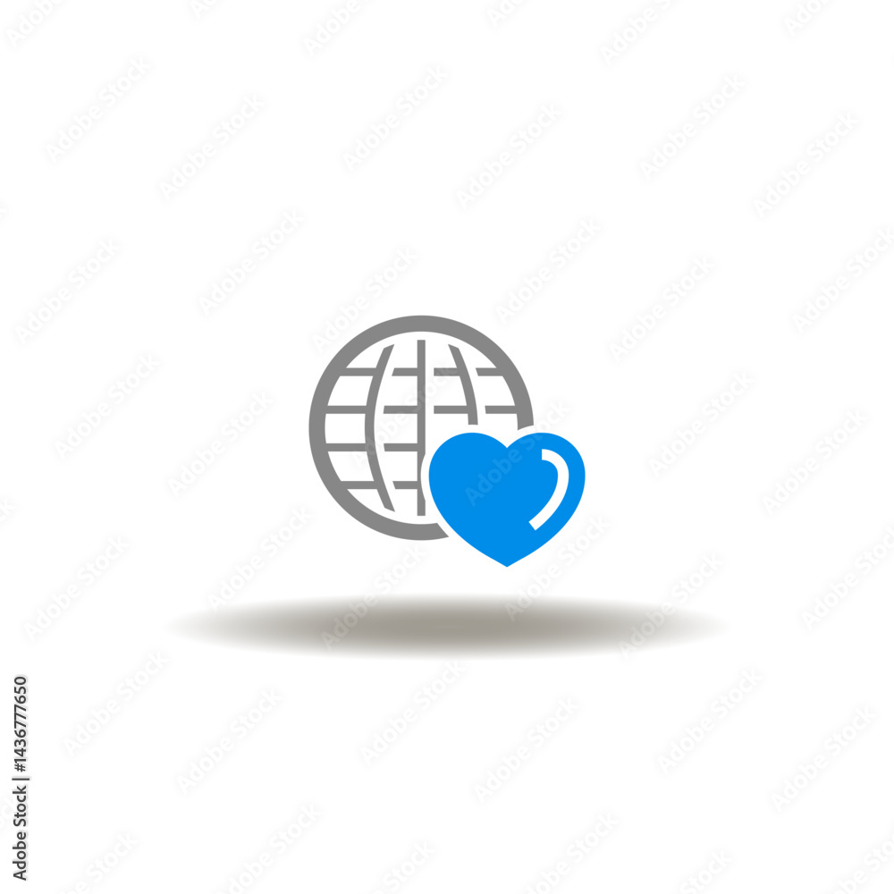 Vector illustration of earth globe and heart. Symbol of NGO Non-Governmental Nonprofit Organizations. Icon of international goodness, love, charity.