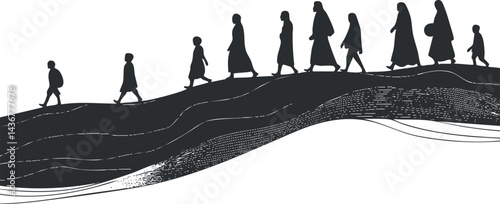 Silhouettes of people walking together on a hillside in a minimalist black and white vector design