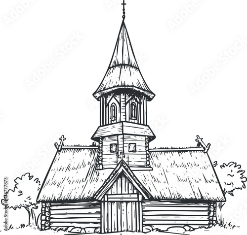 Black and white sketch of a traditional wooden log church with steeple and crosses surrounded by trees
