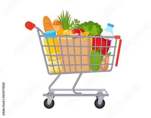Shopping cart full of groceries including vegetables, bread, water and juice. AI Generative