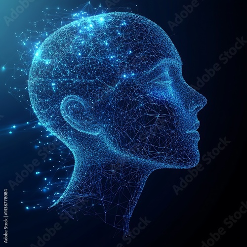 Artificial intelligence forming a polygonal woman face, shining with blue light. AI Generative