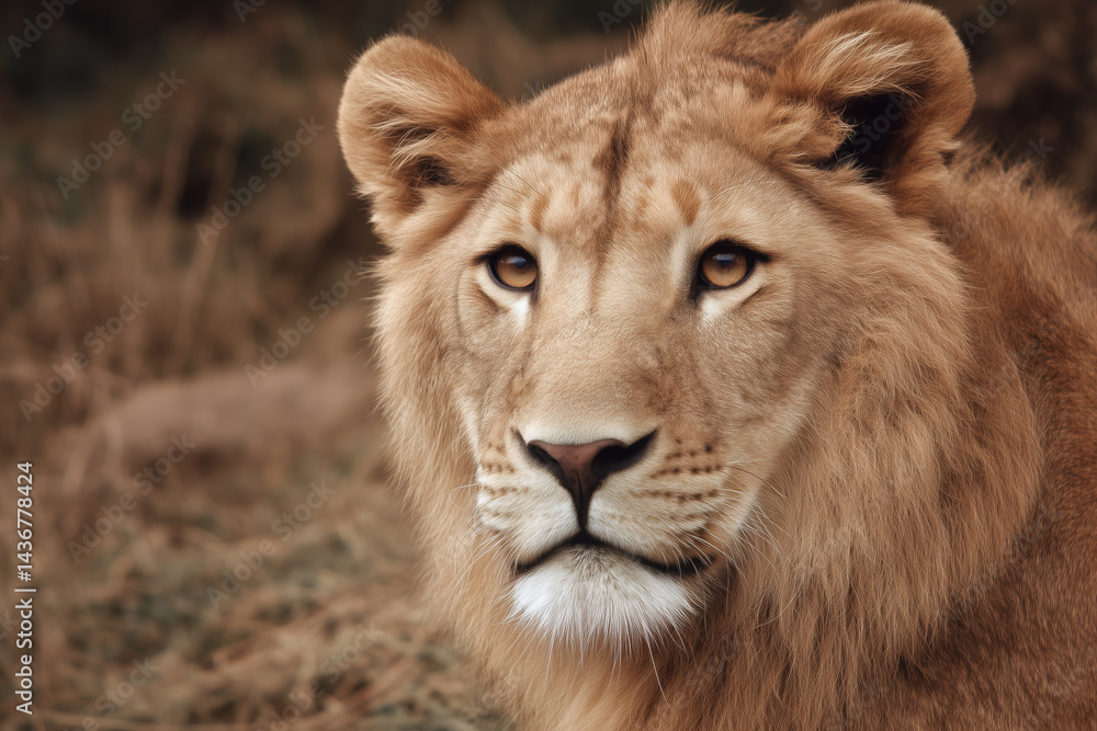 Close-up portrait of young male lion with golden mane in natural habitat Close-up portrait of young male lion with golden mane in natural habitat