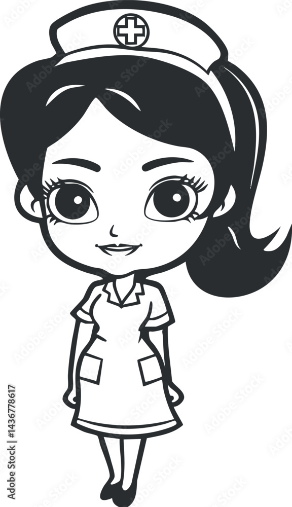 Cartoon illustration of a smiling female nurse in uniform and nurse hat, healthcare professional character. Cartoon illustration of a smiling female nurse in uniform and nurse hat, healthcare professional character.