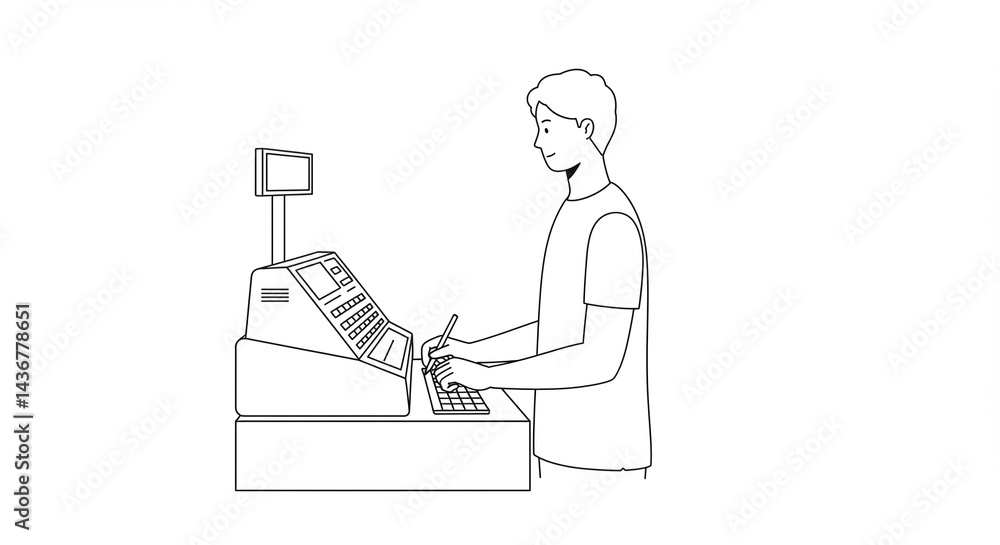 Cashier smiling while working at a register in a simple style Cashier smiling while working at a register in a simple style