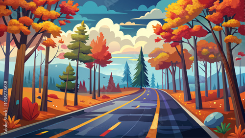 A serene, rainy day autumn road stretches infinitely into the forest, lined with vibrant, colorful trees shedding leaves under overcast skies