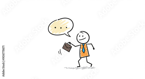 Stick figure man smiling with briefcase against white background  
